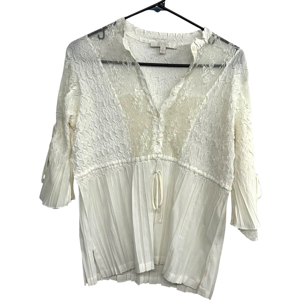 Fairy White Lace‎ Pleated Sheer Blouse S Romantic Victorian Cottagecore Ethereal